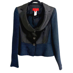 Les Copains Women's Blue Black Satin Three Button Knit Blazer US 12 Size 44